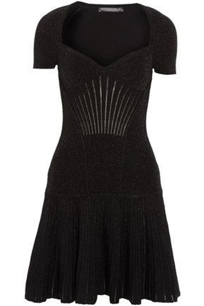 Shop Alexander Mcqueen Fluted Metallic Ribbed Wool-blend Mini Dress In Black
