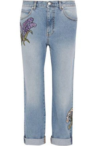 Shop Alexander Mcqueen Appliquéd Distressed Mid-rise Straight-leg Jeans In Light Denim