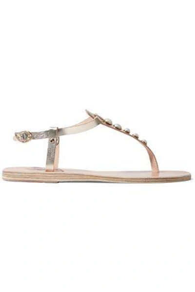 Shop Ancient Greek Sandals Lito Faux Pearl-embellished Leather Slingback Sandals In Platinum