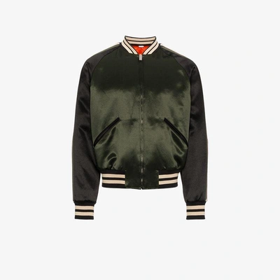 Shop Gucci Reversible Bomber Jacket With Printed Sleeves In Green