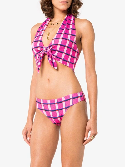 Shop Paper London Fiji Halterneck Miami Check Print Bikini In Pink/purple