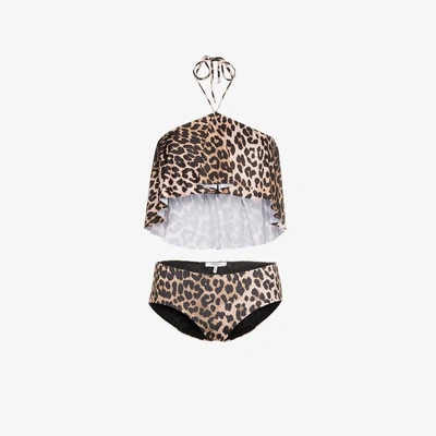 Shop Ganni Avalon Leopard Print Ruffle Bikini In Brown