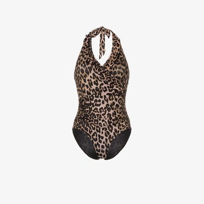 Shop Ganni Avalon Leopard Print Ruffle Swimsuit In Brown