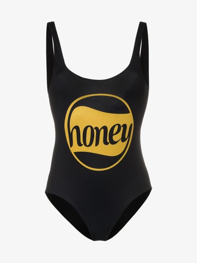 Shop Ganni Charneu Honey Print Swimsuit In Black