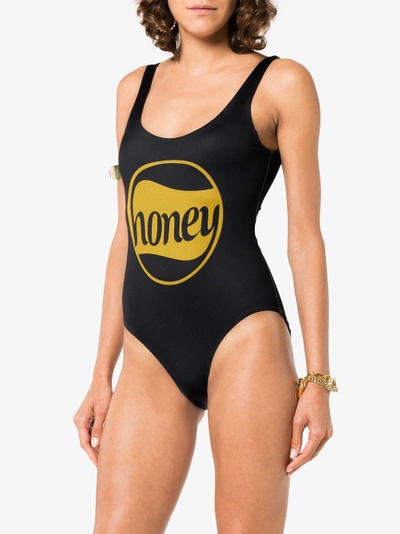 Shop Ganni Charneu Honey Print Swimsuit In Black