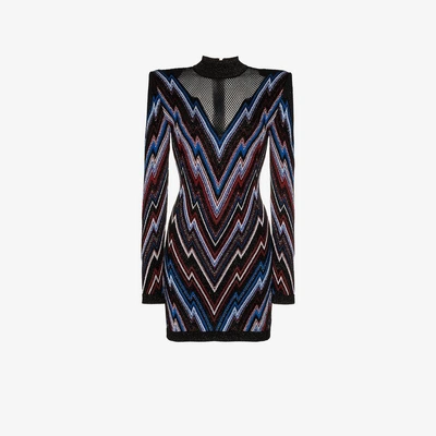 Shop Balmain Chevron Pattern Mesh Panel Knit Mini Dress In Black