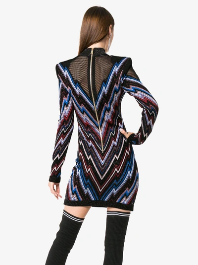 Shop Balmain Chevron Pattern Mesh Panel Knit Mini Dress In Black