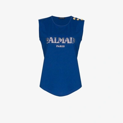 Shop Balmain Blue Sleeveless Logo Print Cotton T-shirt