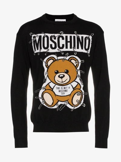 Shop Moschino Teddy Bear Intarsia Safety Pin Virgin Wool Jumper In Black