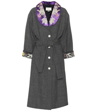 Shop Gucci Embroidered Checked Wool Coat In Grey