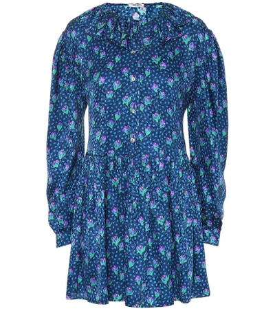 Shop Miu Miu Floral-printed Silk Minidress In Blue