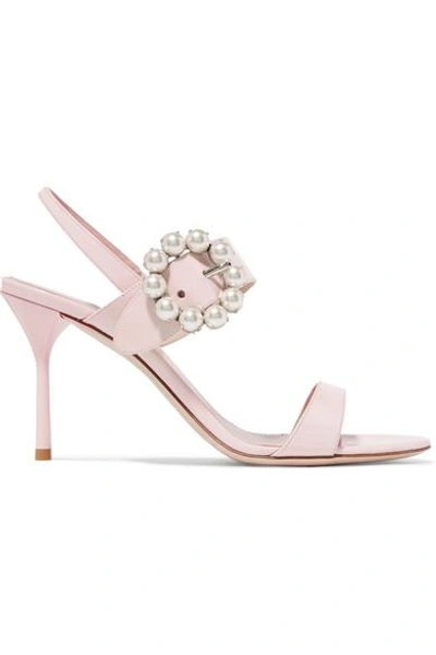 Shop Miu Miu Faux Pearl-embellished Patent-leather Slingback Sandals In Pastel Pink