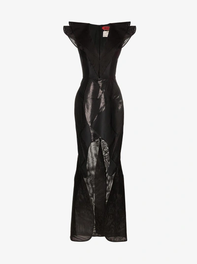 Shop Ronald Van Der Kemp Sleeveless V-neck Ruffle Cutout Gown In Black