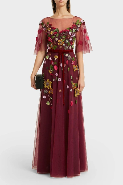 Marchesa Notte Embroidered Tulle Gown In Burgundy