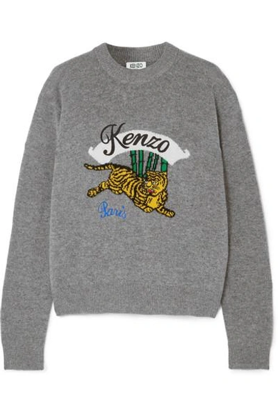 Shop Kenzo Embroidered Intarsia Wool Sweater In Gray