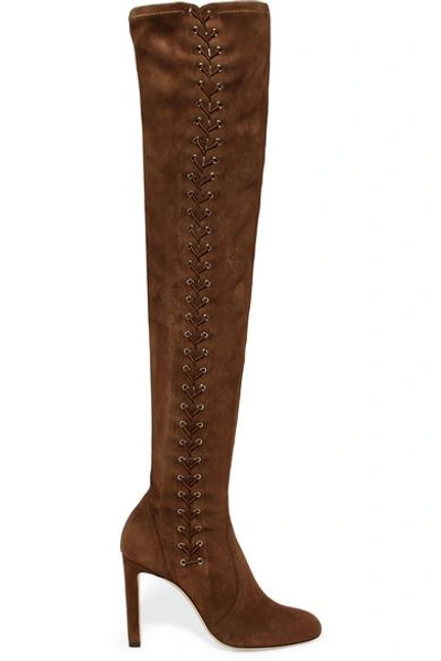 Shop Jimmy Choo Marie 100 Stretch-suede Over-the-knee Boots In Tan