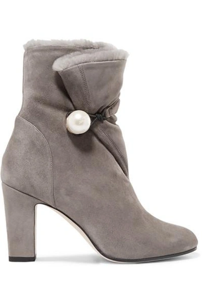 Shop Jimmy Choo Bethanie 85 Shearling-lined Suede Ankle Boots In Dark Gray