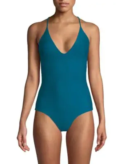 Shop Mikoh Las Palmas Full Coverage Cross-back One-piece Swimsuit In Waterfall