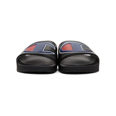 Shop Champion Reverse Weave Black Logo Pool Slides In Black Black