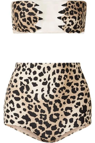 Shop Adriana Degreas + Charlotte Olympia Paws Tulle-paneled Leopard-print Bandeau Bikini In Leopard Print