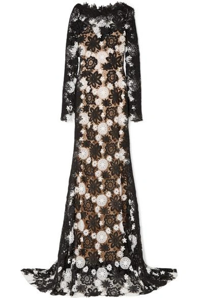 Shop Naeem Khan Two-tone Guipure Lace Gown In Black