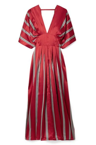 Shop Roksanda Mihara Pleated Striped Silk-satin Midi Dress In Red