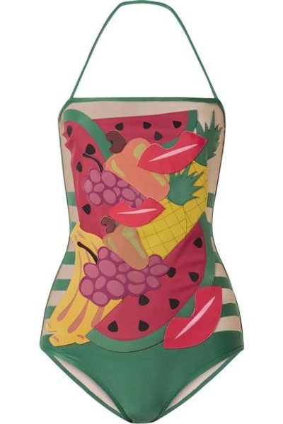 Shop Adriana Degreas Charlotte Olympia Tutti Frutti Appliquéd Tulle-paneled Halterneck Swimsuit In Green