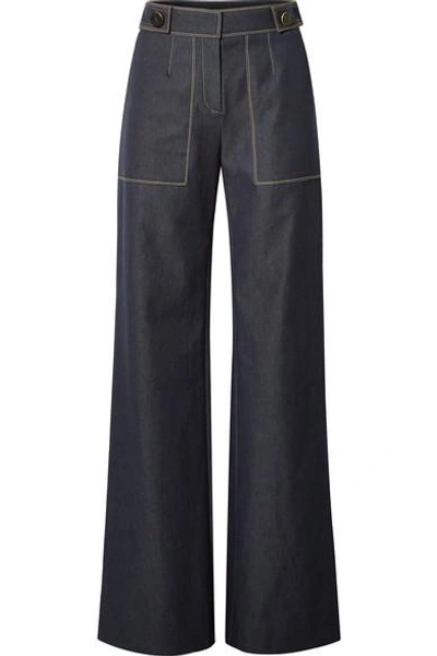 Shop Carolina Herrera Button-embellished High-rise Wide-leg Jeans In Dark Denim