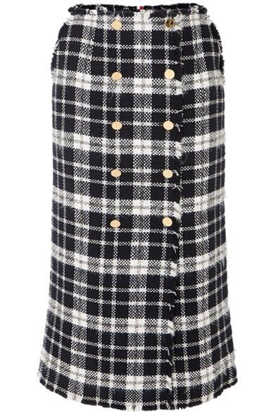 Shop Thom Browne Checked Wool-blend Tweed Midi Skirt In Midnight Blue