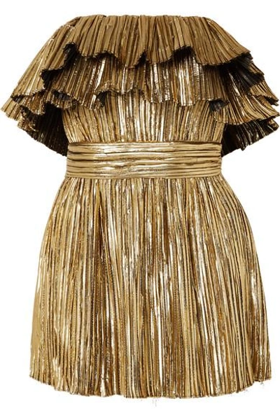 Shop Saint Laurent Strapless Plissé-lamé Mini Dress In Gold