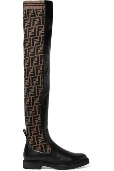 Shop Fendi Logo-jacquard Stretch-knit And Leather Over-the-knee Boots