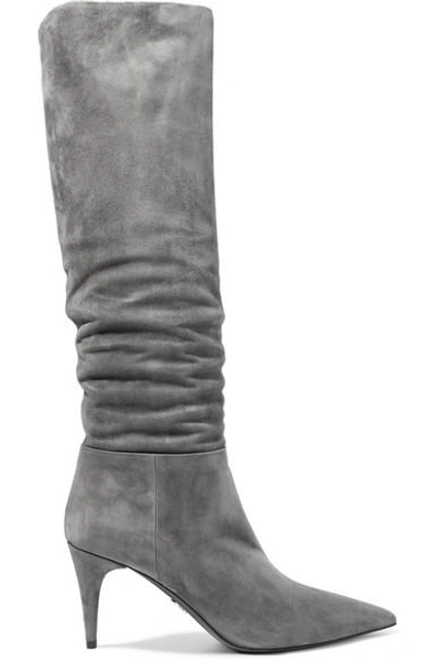 Shop Prada Suede Knee Boots In Gray