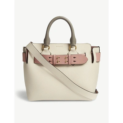 Shop Burberry Small Grained Leather Belt Tote In Limestone/dusty Ros