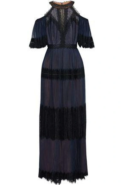 Shop Marchesa Notte Woman Cold-shoulder Lace-paneled Pleated Tulle Gown Navy