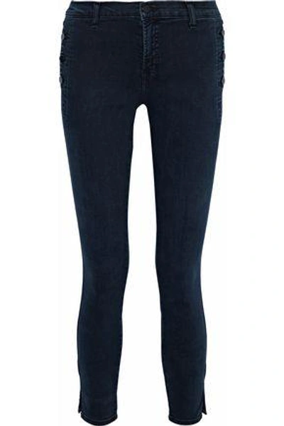 Shop J Brand Zion Button-detailed Mid-rise Skinny Jeans In Dark Denim