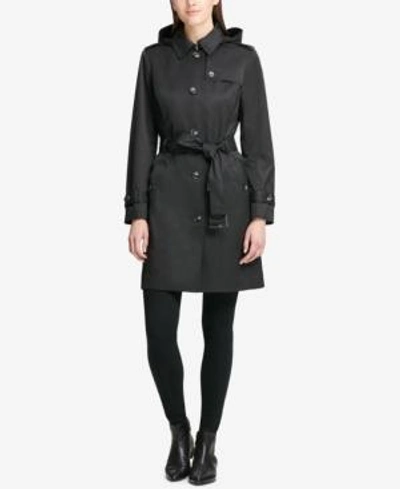 Shop Dkny Hooded Belted Trench Coat In Black