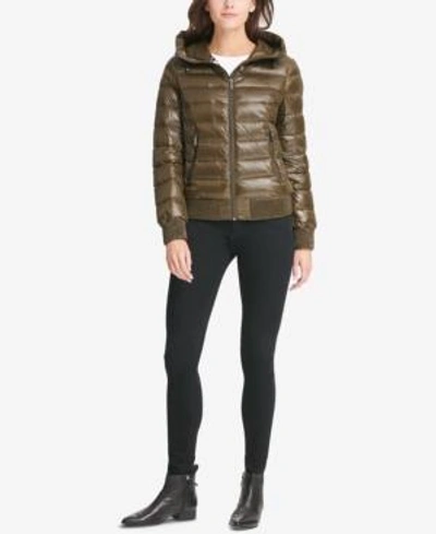 Shop Dkny Packable Hooded Bomber Puffer Coat In Black
