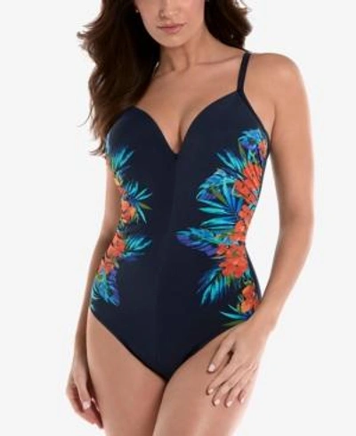Shop Miraclesuit Samoan Sunset Temptation Printed V-neck Underwire Allover-slimming One-piece Swimsuit Women's Swimsu In Midnight