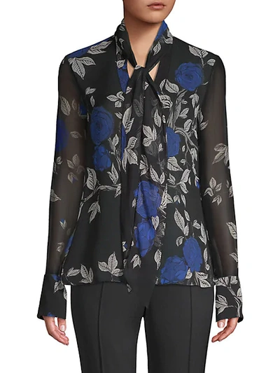 Shop Jason Wu Silk Floral Tie Neck Blouse In Black Multi