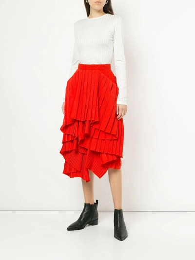 Shop Facetasm X Woolmark Pleated Asymmetric Tiered Skirt In Red