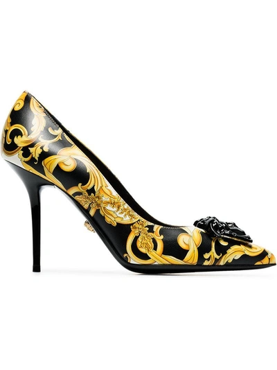 Shop Versace Black, Yellow And White Barocco 95 Leather Pumps In Multicolour