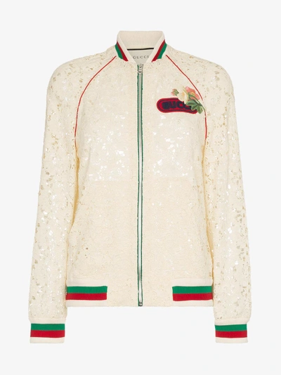 Shop Gucci Flower Lace Bomber Jacket In White
