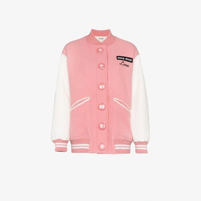 Shop Miu Miu Oversized Love Embroidered Virgin Wool Bomber Jacket In Pink/purple