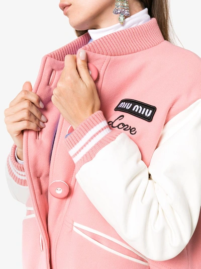 Shop Miu Miu Oversized Love Embroidered Virgin Wool Bomber Jacket In Pink/purple