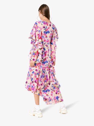 Shop Natasha Zinko Floral Print Ruffle Asymmetric Silk Dress In Pink&purple