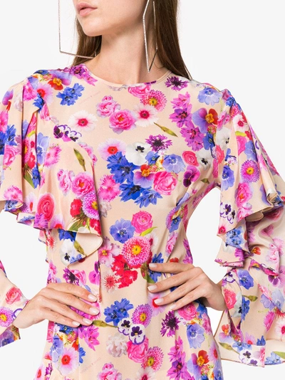 Shop Natasha Zinko Floral Print Ruffle Asymmetric Silk Dress In Pink&purple