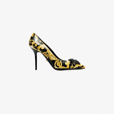 Shop Versace Black, Yellow And White Barocco 95 Leather Pumps In Multicolour