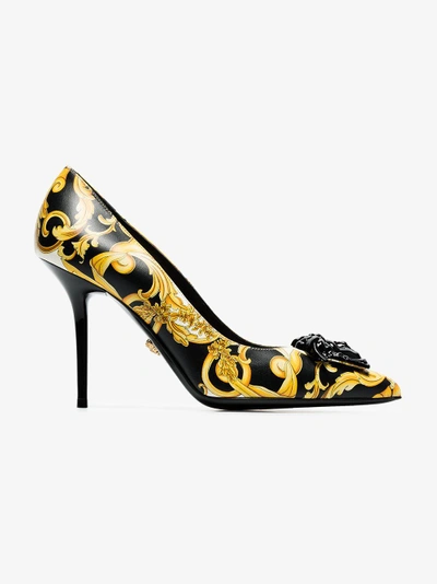 Shop Versace Black, Yellow And White Barocco 95 Leather Pumps In Multicolour
