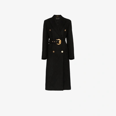 Shop Versace Double-breasted Long Wool Coat In Black