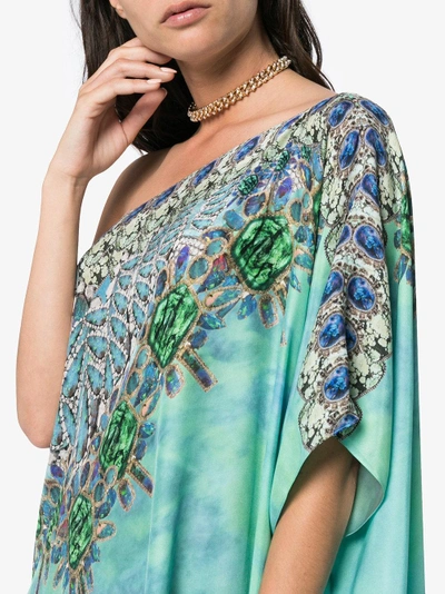 Shop Kimberly Mcdonald One-shoulder Jewel Print Silk Kaftan Gown In Tan